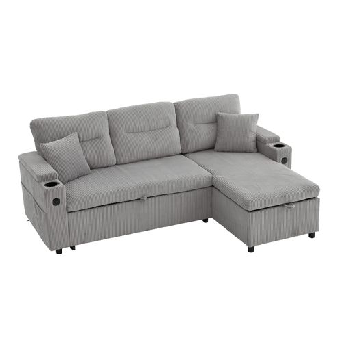 Canapé Convertible 3 Places 212,5×136×86 Cm, Rangement, Porte-gobelets, USB-c, Tissu, Gris Clair