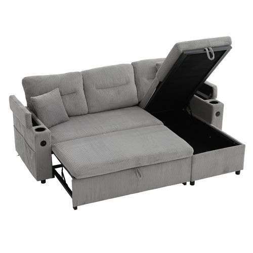 Canapé Convertible 3 Places 212,5×136×86 Cm, Rangement, Porte-gobelets, USB-c, Tissu, Gris Clair