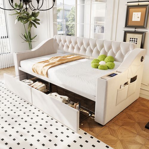 Lit Enfant 90x190 Cm Avec 2 Tiroirs, USB/type-c, Poches De Rangement, En Velours, Beige