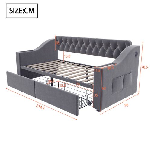 Lit Enfant 90x190 Cm Avec 2 Tiroirs, USB/type-c, Poches De Rangement, En Velours, Gris