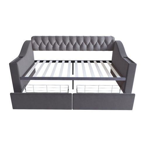 Lit Enfant 90x190 Cm Avec 2 Tiroirs, USB/type-c, Poches De Rangement, En Velours, Gris