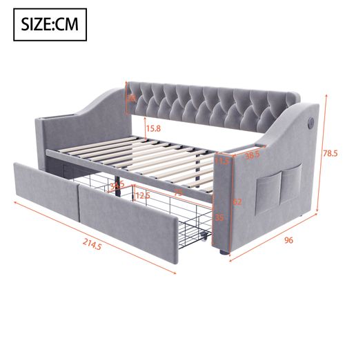 Lit Enfant 90x190 Cm Avec 2 Tiroirs, USB/type-c, Poches De Rangement, En Velours, Gris Clair