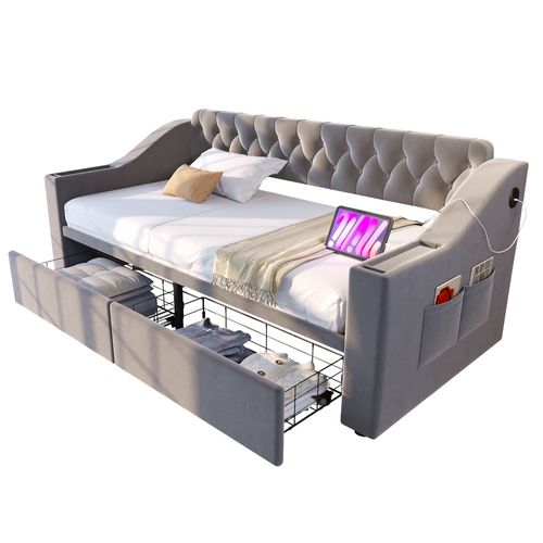 Lit Enfant 90x190 Cm Avec 2 Tiroirs, USB/type-c, Poches De Rangement, En Velours, Gris Clair