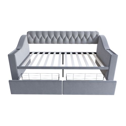 Lit Enfant 90x190 Cm Avec 2 Tiroirs, USB/type-c, Poches De Rangement, En Velours, Gris Clair