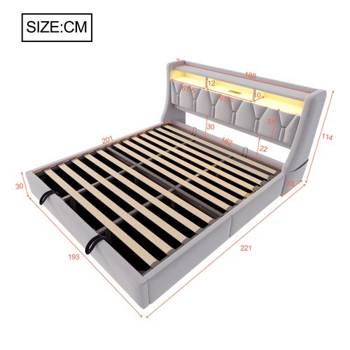 Lit Coffre Adulte 180x200 Cm Avec Rangement , Lit Double Avec USB-c Et LED, Velours, Gris Clair