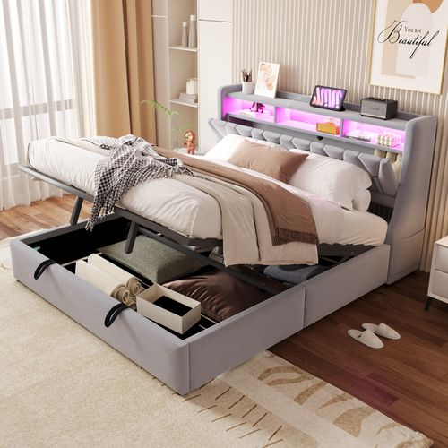 Lit Coffre Adulte 180x200 Cm Avec Rangement , Lit Double Avec USB-c Et LED, Velours, Gris Clair