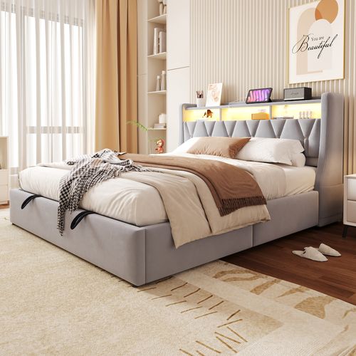 Lit Coffre Adulte 180x200 Cm Avec Rangement , Lit Double Avec USB-c Et LED, Velours, Gris Clair