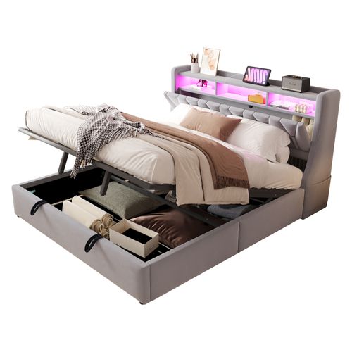 Lit Coffre Adulte 180x200 Cm Avec Rangement , Lit Double Avec USB-c Et LED, Velours, Gris Clair