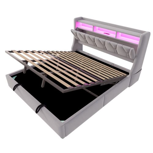 Lit Coffre Adulte 180x200 Cm Avec Rangement , Lit Double Avec USB-c Et LED, Velours, Gris Clair
