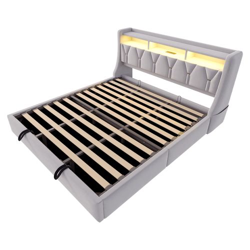 Lit Coffre Adulte 180x200 Cm Avec Rangement , Lit Double Avec USB-c Et LED, Velours, Gris Clair