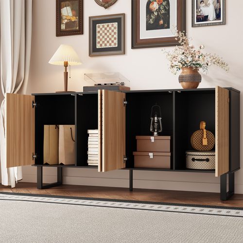 Buffet 160x38x 75 Cm Avec 4 Portes, Façade à Rayures 3d, Rangement, En Mdf, Noir Et Chêne