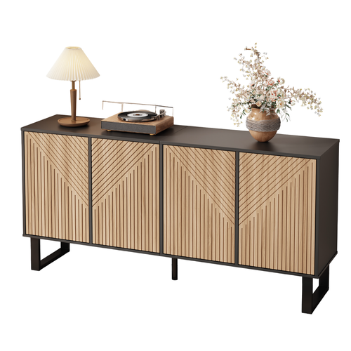 Buffet 160x38x 75 Cm Avec 4 Portes, Façade à Rayures 3d, Rangement, En Mdf, Noir Et Chêne