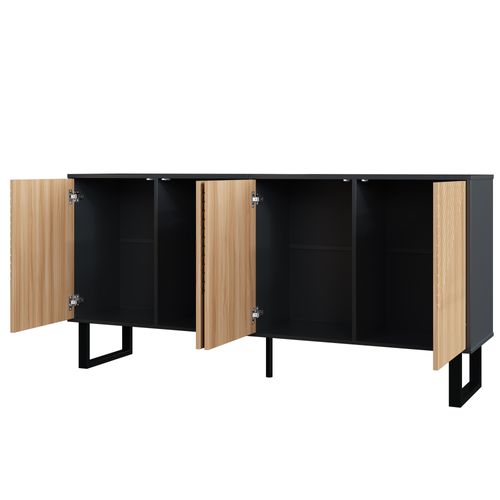 Buffet 160x38x 75 Cm Avec 4 Portes, Façade à Rayures 3d, Rangement, En Mdf, Noir Et Chêne