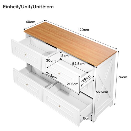 Commode Moderne 120x40x76 Cm Avec 6 Tiroirs Et Poignées Dorées, Panneaux Particules, Blanc