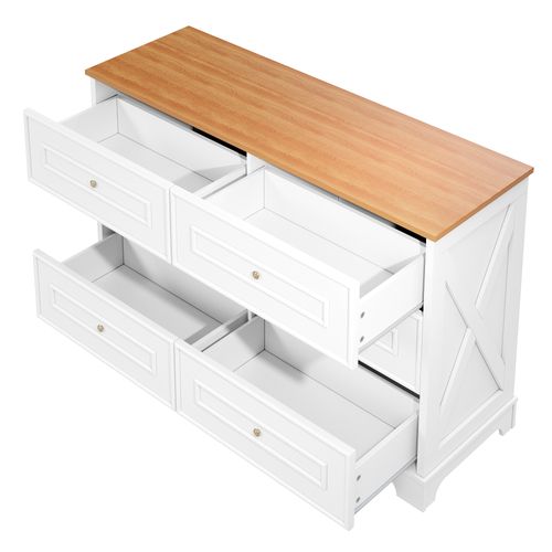 Commode Moderne 120x40x76 Cm Avec 6 Tiroirs Et Poignées Dorées, Panneaux Particules, Blanc