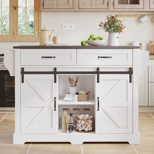 Îlot De Cuisine 120x45/70x91 Cm Avec 2 Tiroirs, 2 Portes Coulissantes, Roulettes, Couleur Marron