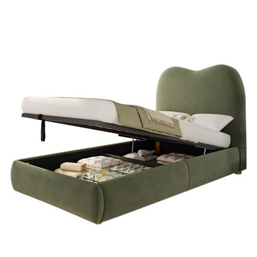 Lit Simple Enfant 90x200 Cm Avec Sommier Hydraulique, Dossier Rembourré, Rangement, En Velours, Vert