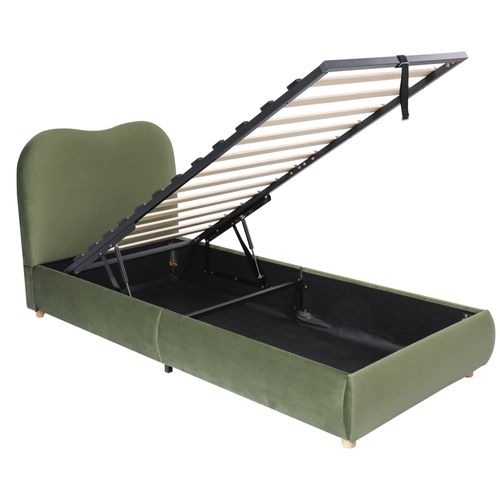 Lit Simple Enfant 90x200 Cm Avec Sommier Hydraulique, Dossier Rembourré, Rangement, En Velours, Vert
