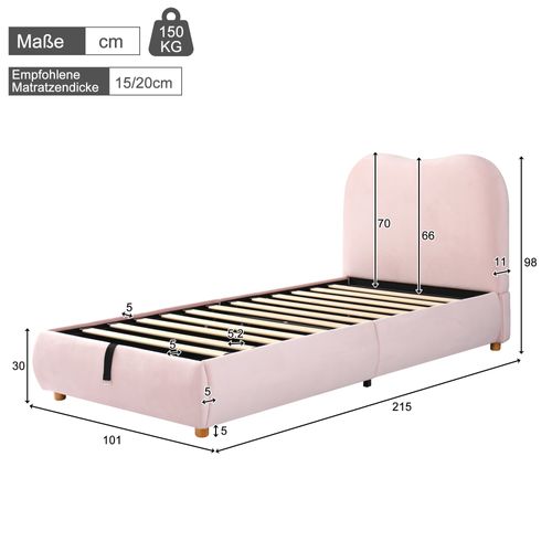 Lit Coffre Enfant 90x200 Cm Avec Sommier, Dossier Rembourré, Rangement, En Velours, Rose