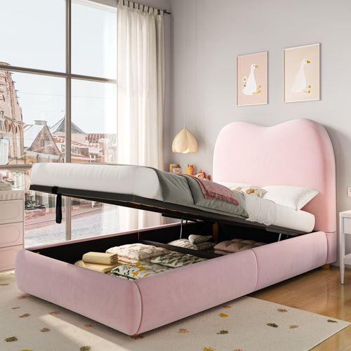 Lit Coffre Enfant 90x200 Cm Avec Sommier, Dossier Rembourré, Rangement, En Velours, Rose