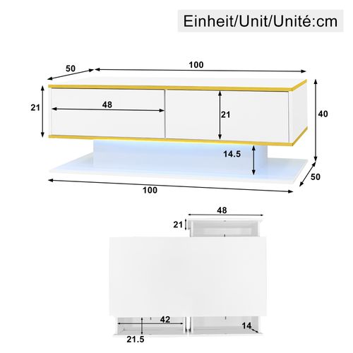 Table Basse Rectangulaire 100x50x40 Cm Avec 3 Tiroirs, Éclairage LED, Finition Brillante, Blanc