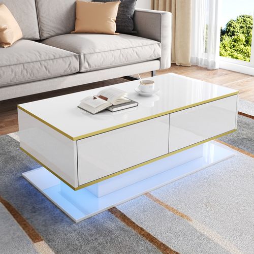 Table Basse Rectangulaire 100x50x40 Cm Avec 3 Tiroirs, Éclairage LED, Finition Brillante, Blanc