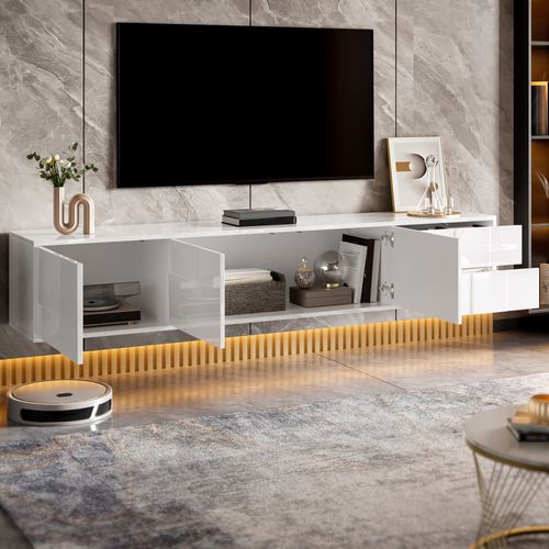 Meuble TV Brillant 170x30x30,5 Cm Avec 3 Portes, 2 Tiroirs, Suspendu Ou Sur Pied, En Mdf, Blanc