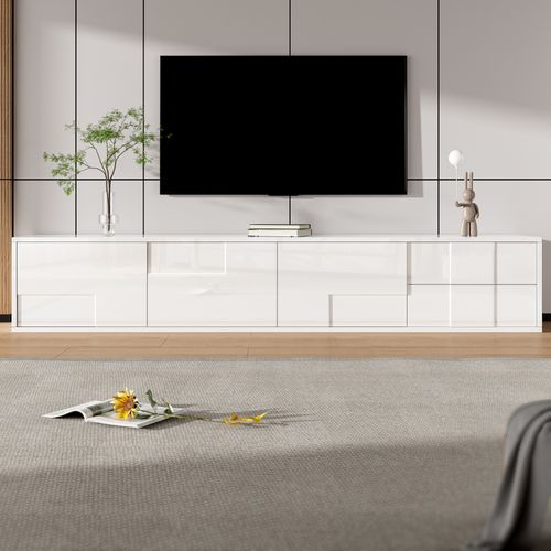 Meuble TV Brillant 170x30x30,5 Cm Avec 3 Portes, 2 Tiroirs, Suspendu Ou Sur Pied, En Mdf, Blanc
