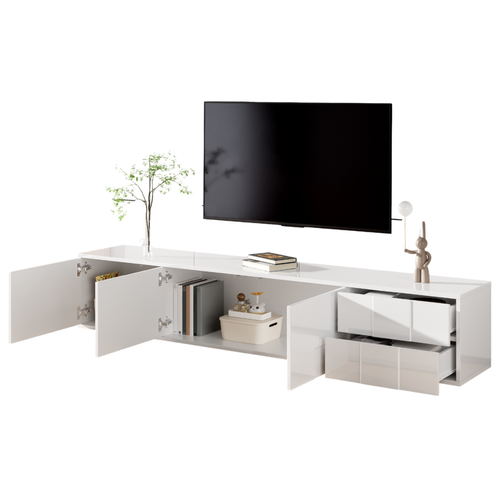 Meuble TV Brillant 170x30x30,5 Cm Avec 3 Portes, 2 Tiroirs, Suspendu Ou Sur Pied, En Mdf, Blanc