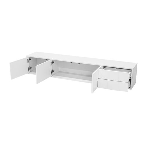 Meuble TV Brillant 170x30x30,5 Cm Avec 3 Portes, 2 Tiroirs, Suspendu Ou Sur Pied, En Mdf, Blanc