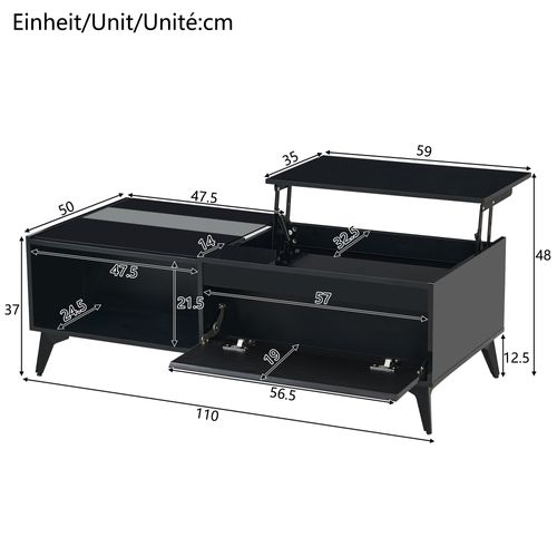 Table Basse Relevable 110x50x37/48 Cm Avec 1 Porte, Rangement, En Panneau De Particules, Noir