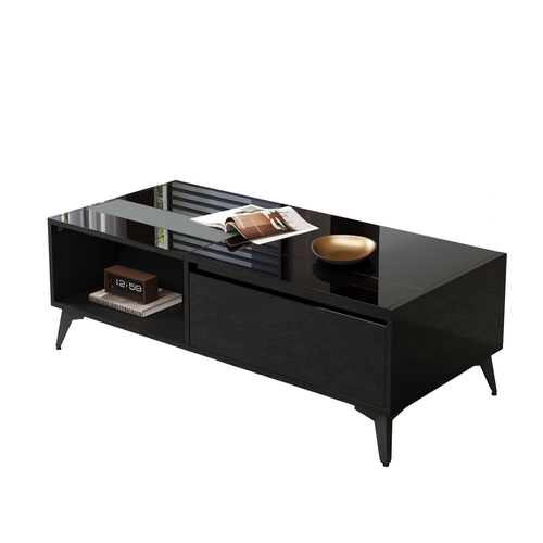 Table Basse Relevable 110x50x37/48 Cm Avec 1 Porte, Rangement, En Panneau De Particules, Noir