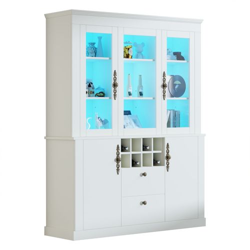 Vitrine 130x37,5x170,5 Cm, 2 Tiroirs, 4 Portes, 8 Étagères à Vin Et LED, Panneaux Particules, Blanc