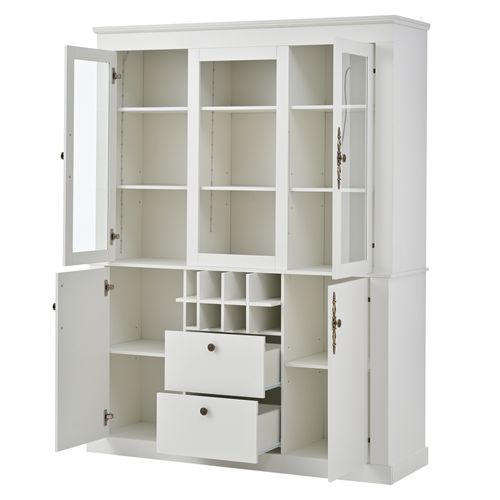 Vitrine 130x37,5x170,5 Cm, 2 Tiroirs, 4 Portes, 8 Étagères à Vin Et LED, Panneaux Particules, Blanc