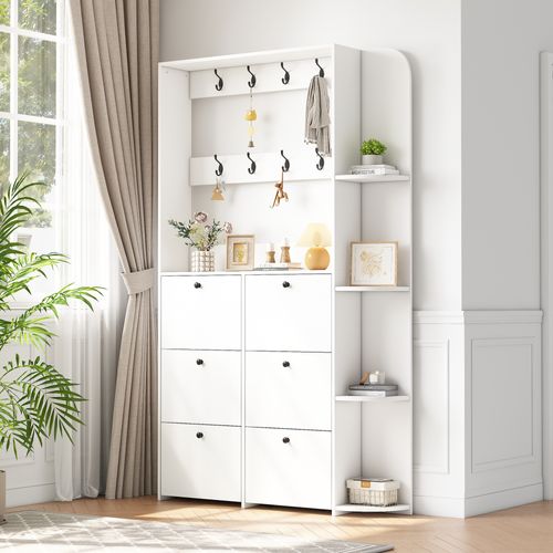 Vestiaire 120x24x200 Cm, 6 Armoires à Chaussures, 8 Crochets, Étagères, Panneaux Particules, Blanc