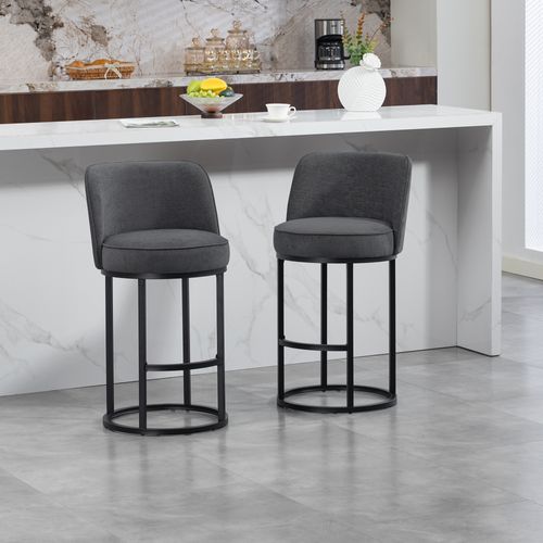 Lot De 2 Tabourets De Bar Avec Pieds En Métal Noirs, Dossier Ergonomique, En Lin, Gris