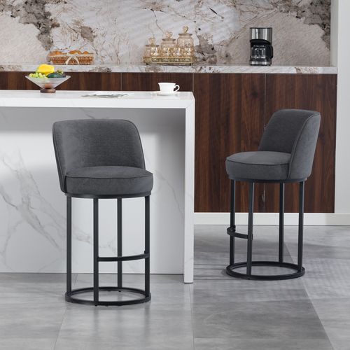 Lot De 2 Tabourets De Bar Avec Pieds En Métal Noirs, Dossier Ergonomique, En Lin, Gris