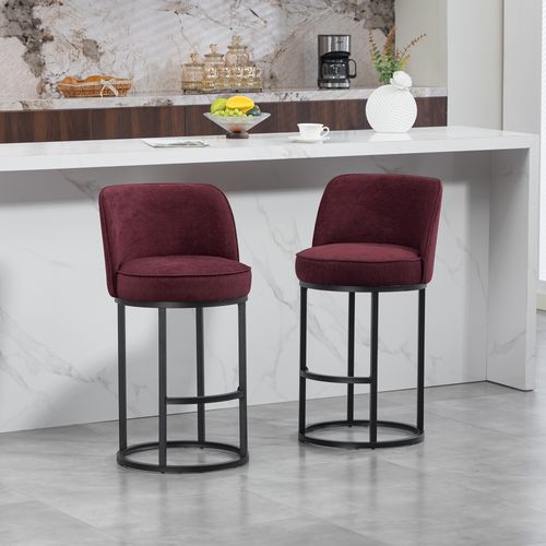 Lot De 2 Tabourets De Bar Avec Pieds En Métal Noirs, Dossier, En Lin, Couleur Rouge Vin