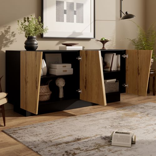Buffet Avec 4 Portes, Rangement, Étagère Ajustable, En Panneaux De Particules, Noir Et Bois