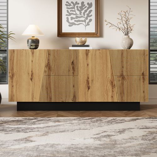 Buffet Avec 4 Portes, Rangement, Étagère Ajustable, En Panneaux De Particules, Noir Et Bois