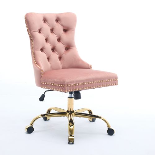 Chaise De Bureau Moderne Avec Base Métallique Dorée, Réglable Et Pivotante, Velours, Rose