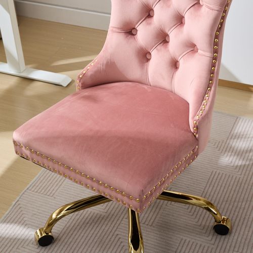 Chaise De Bureau Moderne Avec Base Métallique Dorée, Réglable Et Pivotante, Velours, Rose