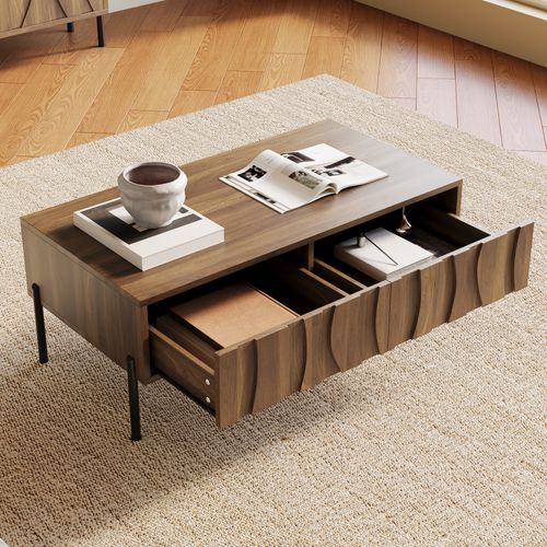 Table Basse Moderne 105x55x41 Cm Avec 2 Tiroirs, Grand Espace De Rangement, Mdf, Naturel