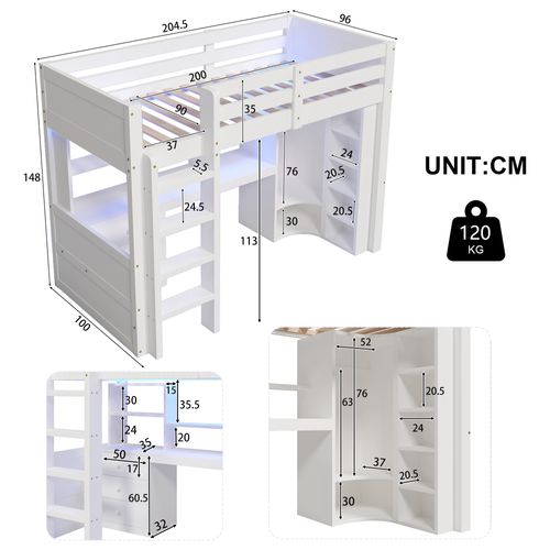 Lit Mezzanine Enfant 90x200 Cm, Lit Simple Avec 3 Tiroirs, Bureau, Armoire Et LED, Bois, Blanc