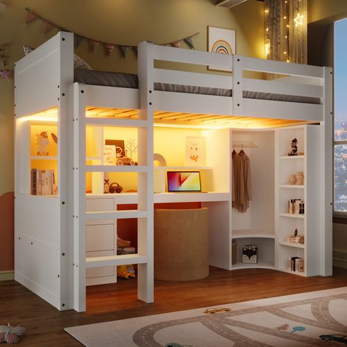 Lit Mezzanine Enfant 90x200 Cm, Lit Simple Avec 3 Tiroirs, Bureau, Armoire Et LED, Bois, Blanc