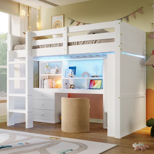Lit Mezzanine Enfant 90x200 Cm, Lit Simple Avec 3 Tiroirs, Bureau, Armoire Et LED, Bois, Blanc