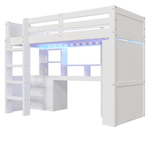 Lit Mezzanine Enfant 90x200 Cm, Lit Simple Avec 3 Tiroirs, Bureau, Armoire Et LED, Bois, Blanc