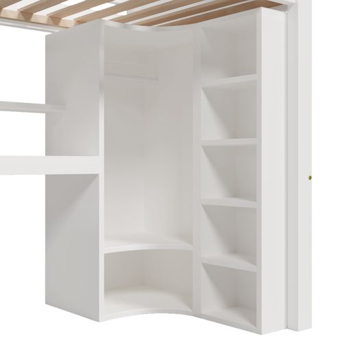 Lit Mezzanine Enfant 90x200 Cm, Lit Simple Avec 3 Tiroirs, Bureau, Armoire Et LED, Bois, Blanc