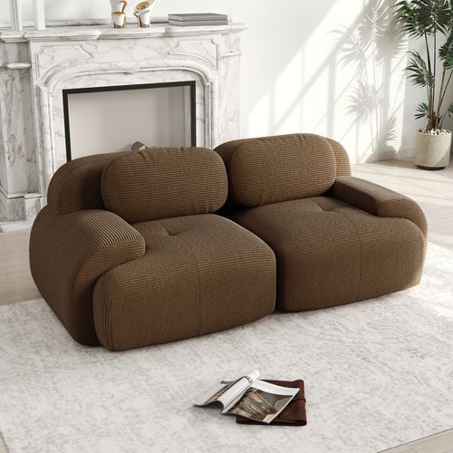 Canapé 2 Places Modulable 208cm Velours Côtelé Doux Accoudoirs Ergonomiques Anti-dérapant Marron