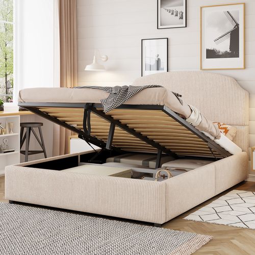 Lit Coffre Adulte 140x200 Cm Avec Rangement , Lit Double Avec Tête De Lit, Velours, Beige
